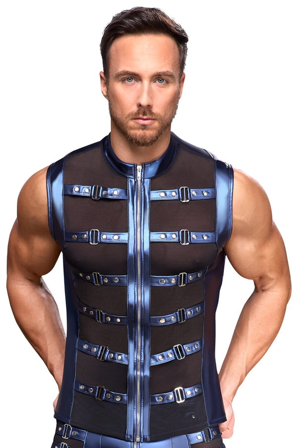 Blaues ärmelloses Herren-Shirt im Metallic-Mattlook mit nietenbesetzten Riemen von NEK – Ansicht 2