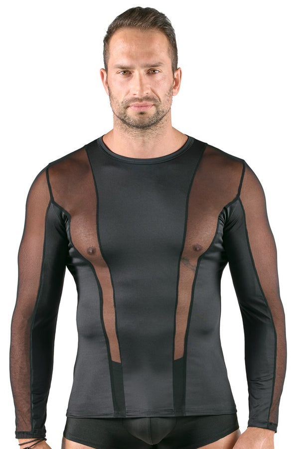 Schwarzes körperbetonendes Herren-Langarm-Shirt im Mesh-Mix von Svenjoyment – Ansicht 2