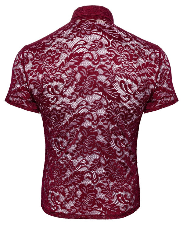 Rotes Herren-Kurzarm-Hemd aus floraler Spitze von Svenjoyment – Ansicht 6