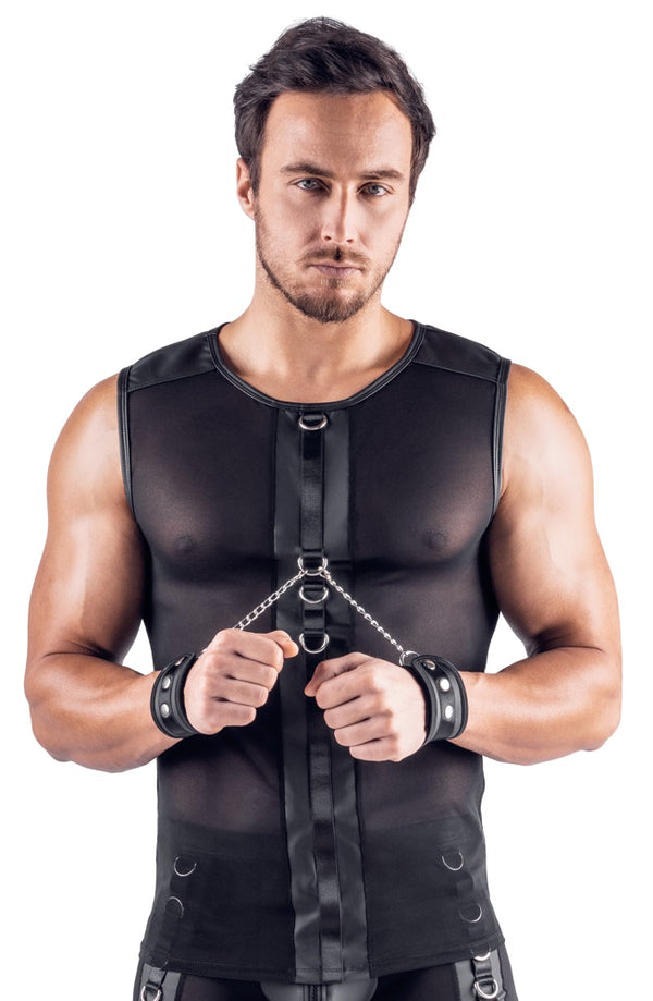 Schwarzes ärmelloses Herren-Netzshirt mit Soft-Handfesseln von Svenjoyment Bondage – Ansicht 2