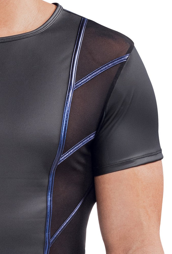 Schwarzes Herren-Kurzarm-Shirt im Mattlook mit Netz und blauen Diagonalstreifen von NEK – Ansicht 5