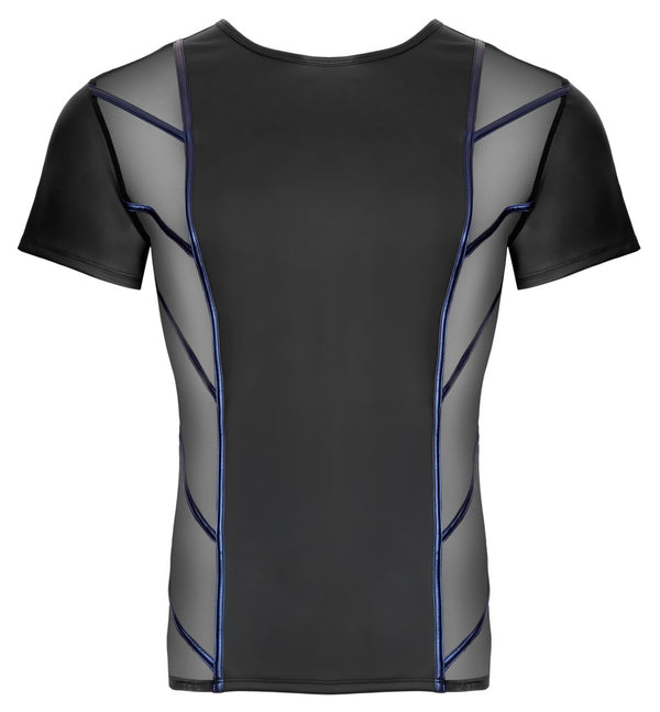 Schwarzes Herren-Kurzarm-Shirt im Mattlook mit Netz und blauen Diagonalstreifen von NEK – Ansicht 6