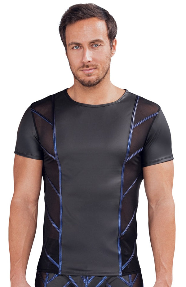 Schwarzes Herren-Kurzarm-Shirt im Mattlook mit Netz und blauen Diagonalstreifen von NEK – Ansicht 2