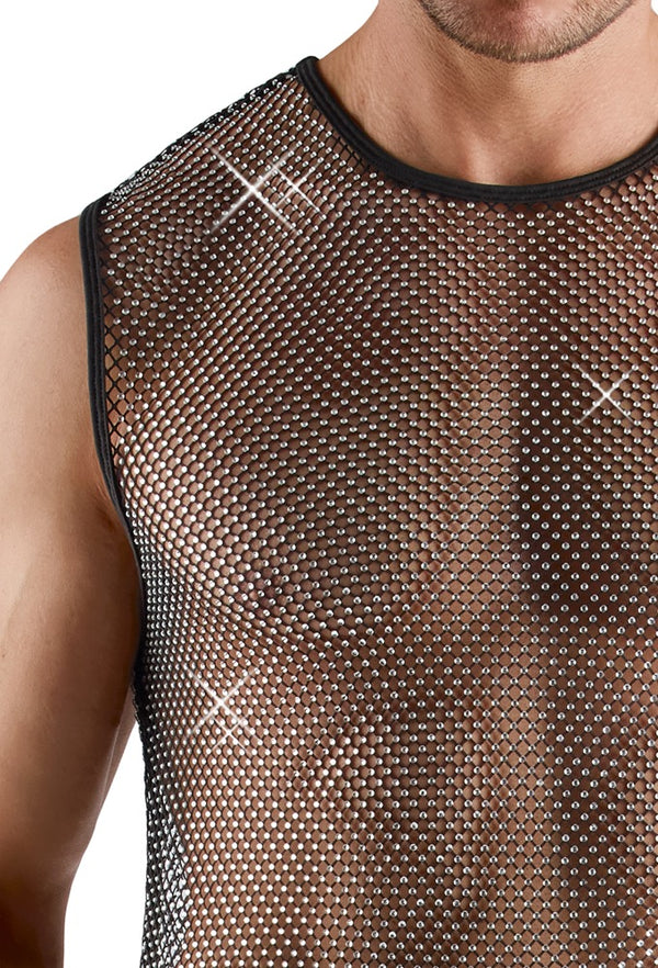 Schwarzes ärmelloses Herren-Netz-Shirt mit Glitzersteinen von Svenjoyment – Ansicht 6
