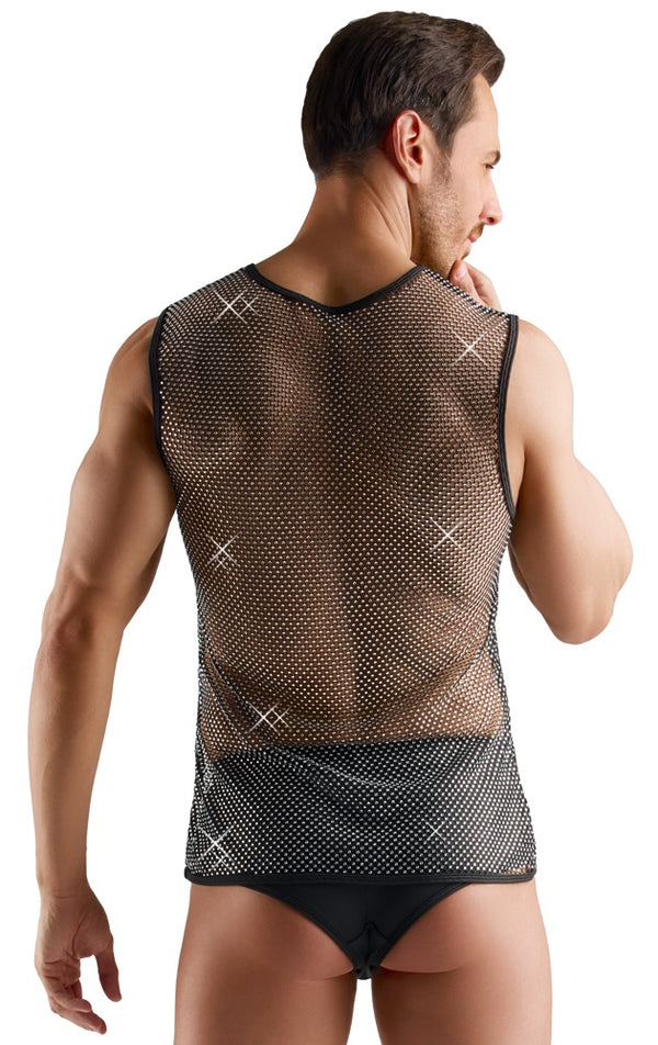 Schwarzes ärmelloses Herren-Netz-Shirt mit Glitzersteinen von Svenjoyment – Ansicht 5