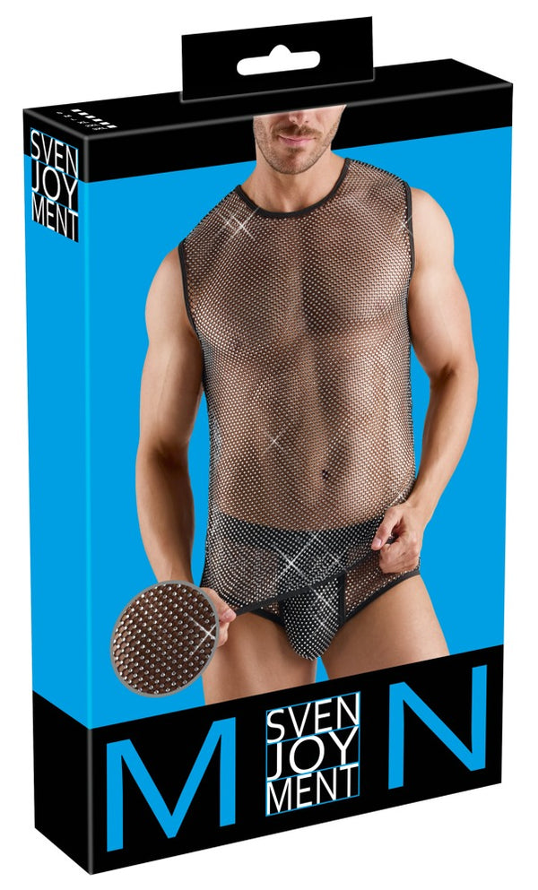 Schwarzes ärmelloses Herren-Netz-Shirt mit Glitzersteinen von Svenjoyment