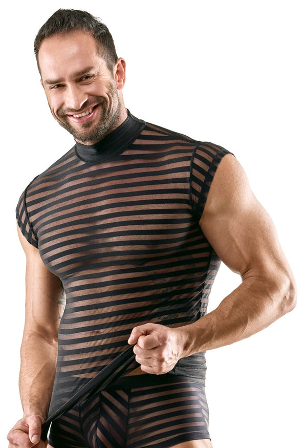 Schwarzes betonendes Herren-Shirt im Querstreifen-Look mit Stehkragen von Svenjoyment – Ansicht 2