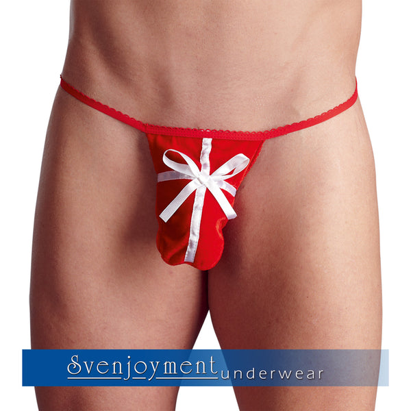 Roter Herren-String im Geschenk-Look aus Pannesamt mit Satinbändern von Svenjoyment – Ansicht 6