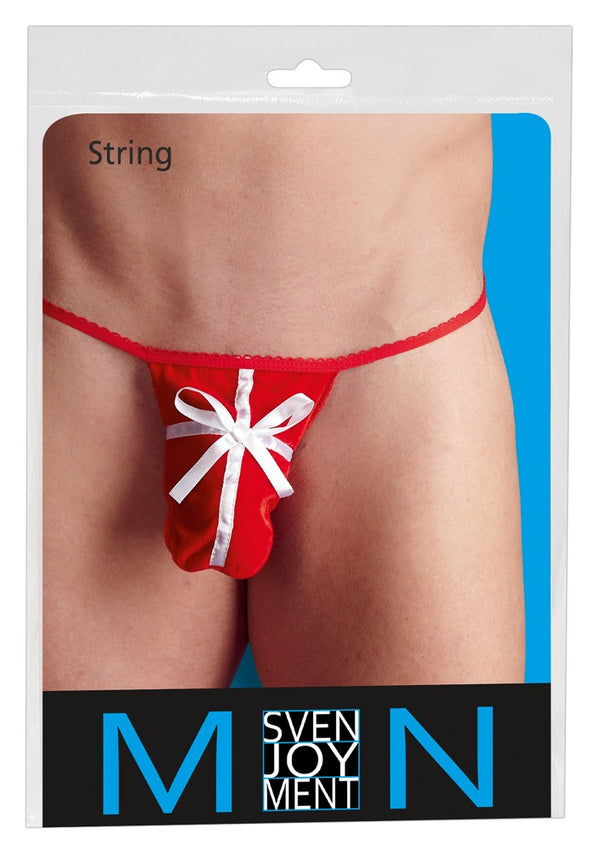 Roter Herren-String im Geschenk-Look aus Pannesamt mit Satinbändern von Svenjoyment