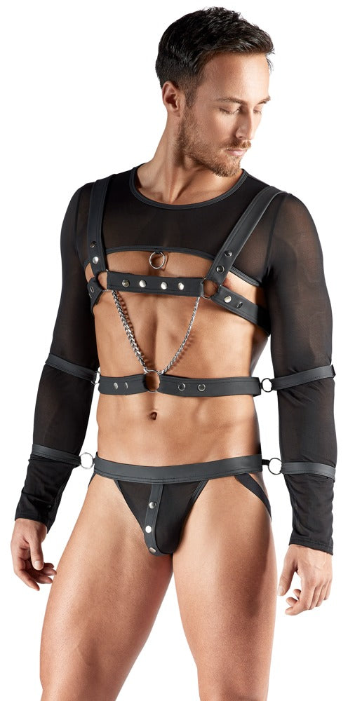 Schwarzes Herren-Set mit Crop-Top, Brust-Harness, Jock und Fesseln von Svenjoyment BONDAGE – Ansicht 3