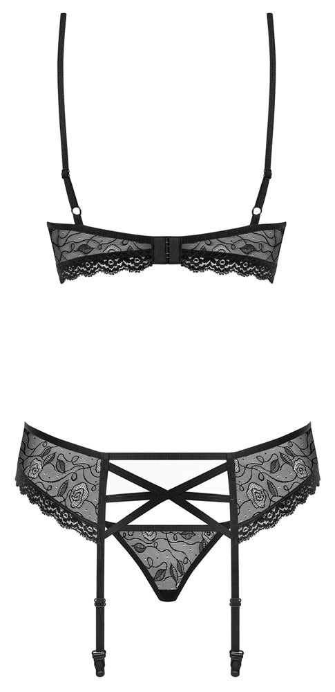 Schwarzes 3-teiliges Set aus Spitze mit Riemchen- und Strass-Details von Obsessive – Ansicht 7