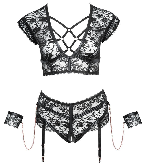 Schwarzes Set aus BH und Straps-Slip ouvert mit roségoldenen Elementen von Cottelli BONDAGE – Ansicht 6