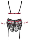 Schwarzes Straps-Set aus BH, Strapsgurt und Slip mit dunkelroten Mattlook-Details von Cottelli BONDAGE – Ansicht 7