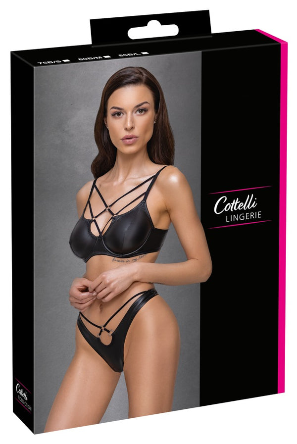 Schwarzes BH- und Riostring-Set im Mattlook mit Stretchriemen und Ringen von Cottelli