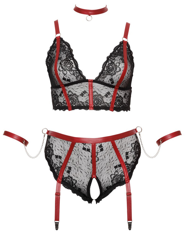 Schwarzes Spitzen-Set aus Longline-BH, Straps-Slip, Halsband und Armfesseln in großen Größen von Cottelli BONDAGE – Ansicht 7