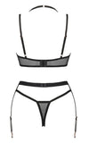 Schwarzes 3-teiliges Set Selinne aus Feinnetz und Mikrofaser mit Strapsgurt von Obsessive – Ansicht 7
