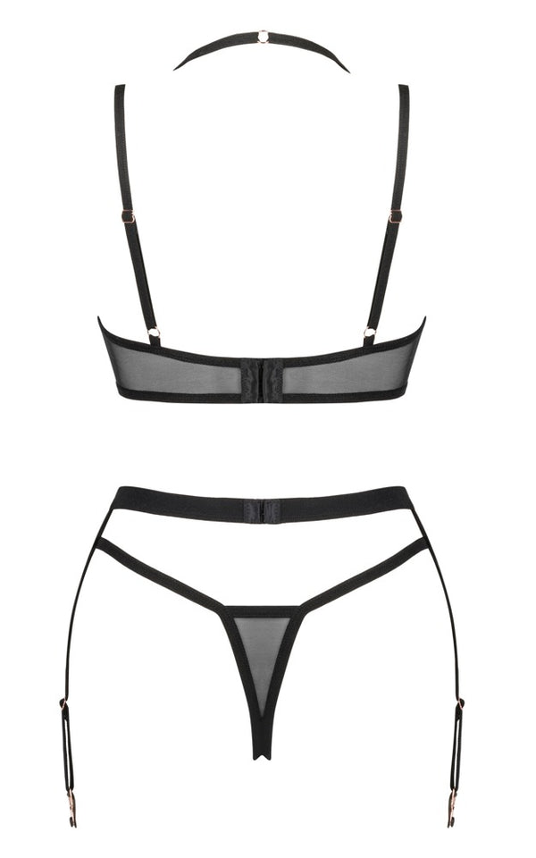 Schwarzes 3-teiliges Set Selinne aus Feinnetz und Mikrofaser mit Strapsgurt von Obsessive – Ansicht 7