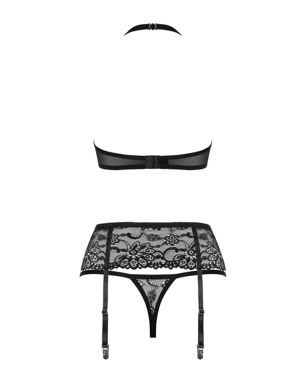 Schwarzes 3-teiliges Spitzen-Set mit Neckholder-BH, Strapsgurt und String von Obsessive – Ansicht 7