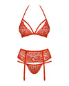Rotes 3-teiliges Spitzen-Set mit Neckholder-BH, Strapsgurt und String von Obsessive – Ansicht 4