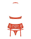 Rotes 3-teiliges Spitzen-Set mit Neckholder-BH, Strapsgurt und String von Obsessive – Ansicht 5