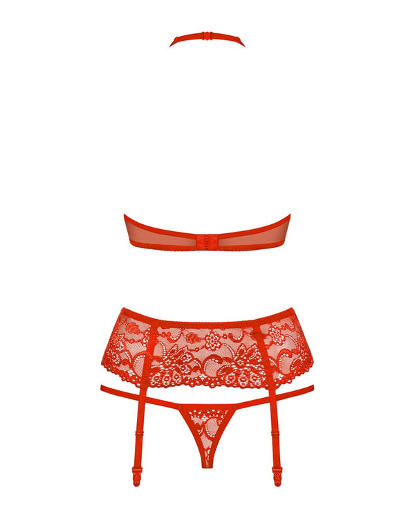 Rotes 3-teiliges Spitzen-Set mit Neckholder-BH, Strapsgurt und String von Obsessive – Ansicht 5