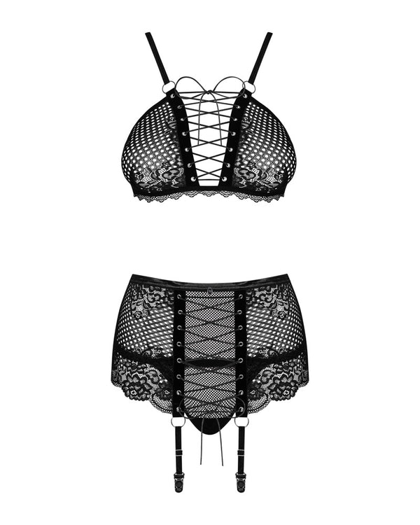 Schwarzes Set Basitta mit BH, Strapsgurt und String in Netz-Optik von Obsessive – Ansicht 3