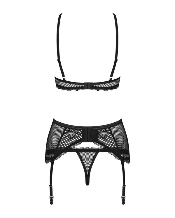 Schwarzes Set Basitta mit BH, Strapsgurt und String in Netz-Optik von Obsessive – Ansicht 4