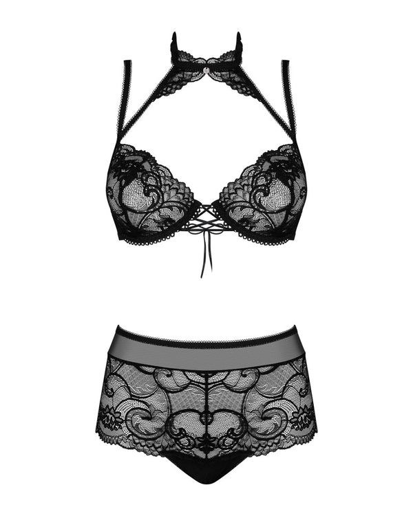 Schwarzes Set Elizenes mit Bügel-BH und High-Waist-Slip aus Spitze von Obsessive – Ansicht 3
