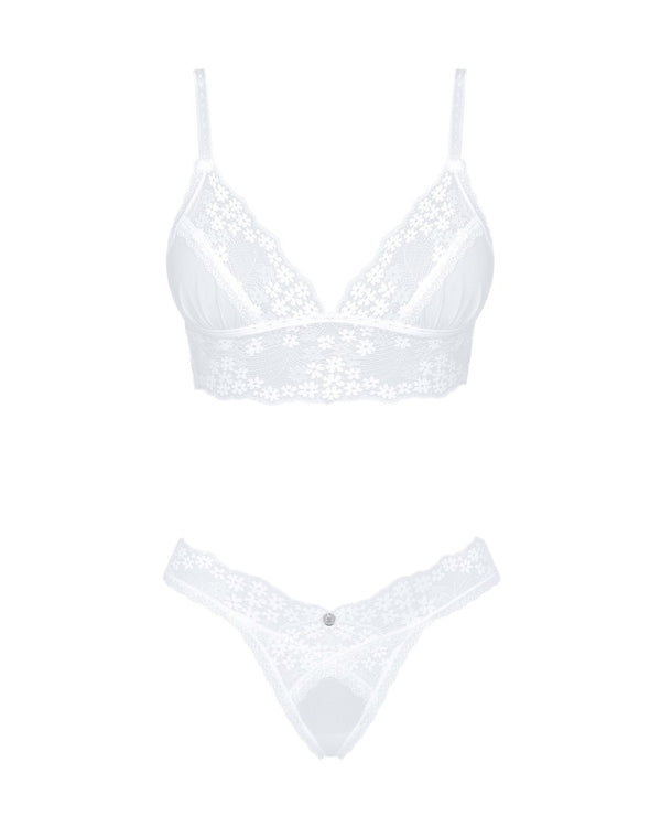 Weißes Set Heavenlly aus Feinnetz und Blütenspitze mit Soft-BH und String von Obsessive – Ansicht 3
