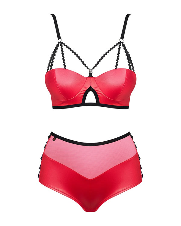 Rotes Set Leatheria im Wetlook mit schwarzen Kontrasten und Powernet von Obsessive – Ansicht 3