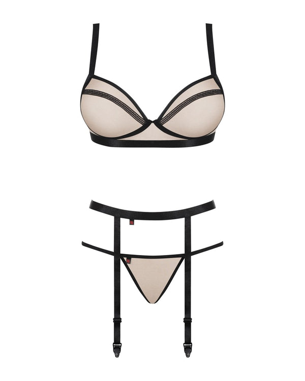 Nudefarbenes 3-teiliges Straps-Set Nudelia mit schwarzen Kontrasten von Obsessive – Ansicht 4