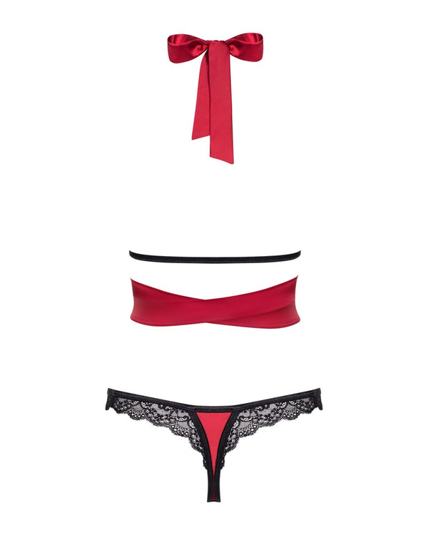 Rotes Set Sensuelia aus Stretchsatin und Spitze mit Wickel-Top und String von Obsessive – Ansicht 4