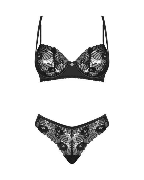 Schwarzes sinnliches Dessous Set aus zarter Blütenspitze von Obsessive – Ansicht 3