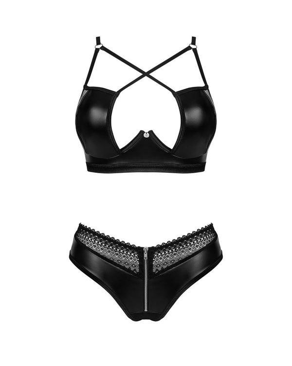 Schwarzes 2-teiliges Set Norides im Wetlook mit Bügel-BH und Slip von Obsessive – Ansicht 3