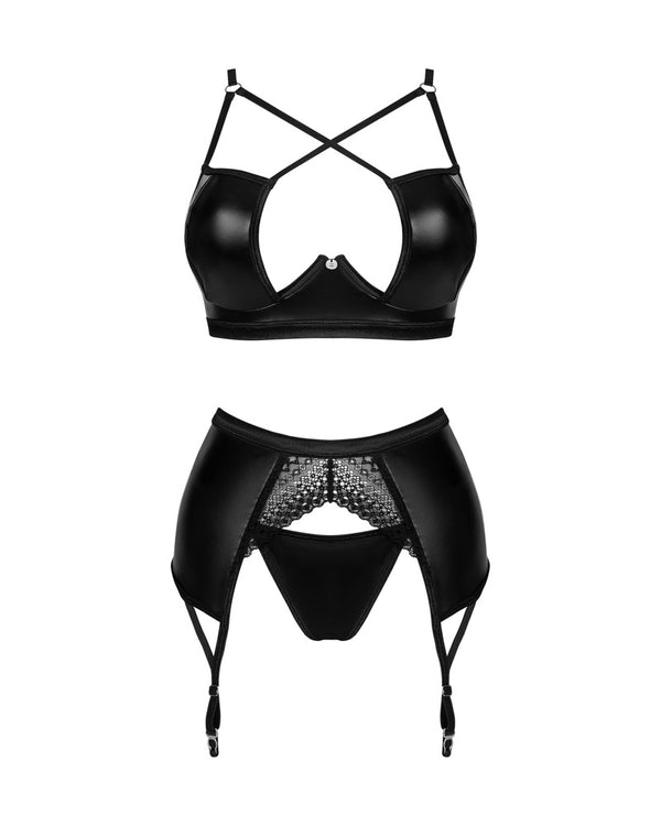 Schwarzes 3-teiliges Set Norides im Wetlook mit Strapsgurt und String von Obsessive – Ansicht 3