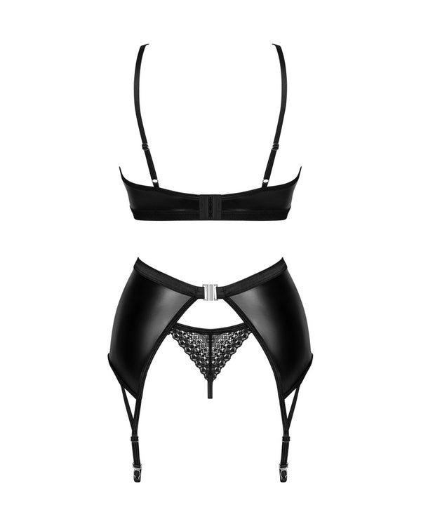 Schwarzes 3-teiliges Set Norides im Wetlook mit Strapsgurt und String von Obsessive – Ansicht 4