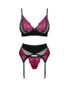 Schwarzes 3-teiliges Straps-Set Rosenty aus Netz mit pinkfarbener Rosenspitze von Obsessive – Ansicht 3