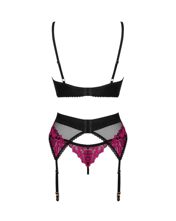 Schwarzes 3-teiliges Straps-Set Rosenty aus Netz mit pinkfarbener Rosenspitze von Obsessive – Ansicht 4