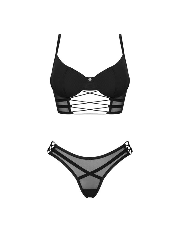 Schwarzes Set Roxelia aus Tüll und Stretchmaterial mit Bügel-BH und Riostring von Obsessive – Ansicht 3