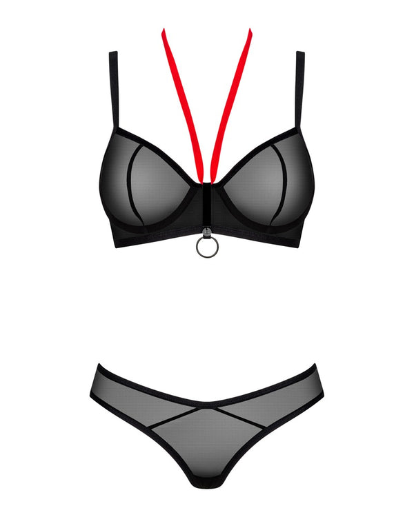 Schwarzes Set Glandez in zarter Transparenz mit rotem Neckholder von Obsessive – Ansicht 3