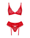 Rotes 3-teiliges Set Chilisa aus feiner Blütenspitze mit Strapsgurt von Obsessive – Ansicht 3