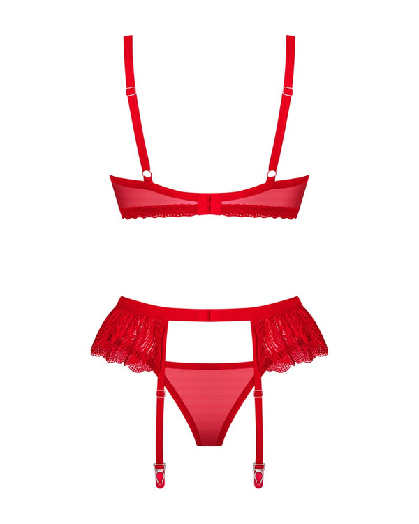 Rotes 3-teiliges Set Chilisa aus feiner Blütenspitze mit Strapsgurt von Obsessive – Ansicht 4