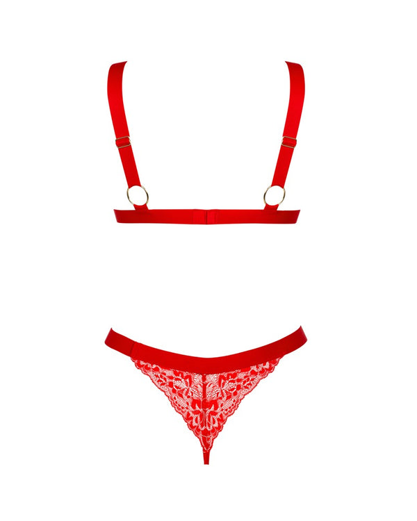 Rotes Set Elianes aus Blütenspitze mit Stretchriemen und goldfarbenen Details von Obsessive – Ansicht 4
