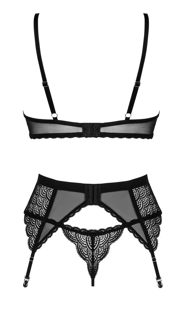 Schwarzes 3-teiliges Straps-Set Chemeris aus Stretchtüll und Effektspitze von Obsessive – Ansicht 5