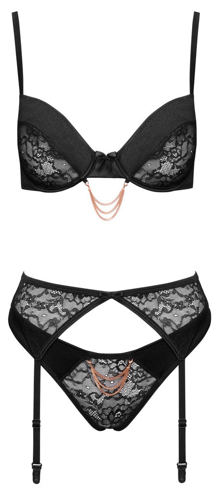Schwarzes BH-Set aus Stretch-Spitze und Satin mit abnehmbarem Kettchenbesatz von Cottelli – Ansicht 6