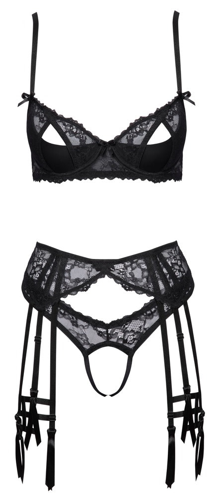 Schwarzes Straps-Set aus Stretch-Spitze mit Halbcup-BH und Cut-outs von Cottelli – Ansicht 8