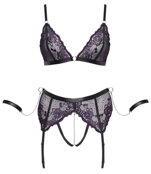Dunkellila Straps-Set aus Soft-BH, Straps-String und Armfesseln mit Mattlook-Details von Cottelli BONDAGE – Ansicht 7