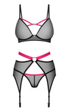 Schwarzes 3-teiliges Straps-Set Novenes mit Soft-BH, Strapsgürtel und V-String von Obsessive – Ansicht 3