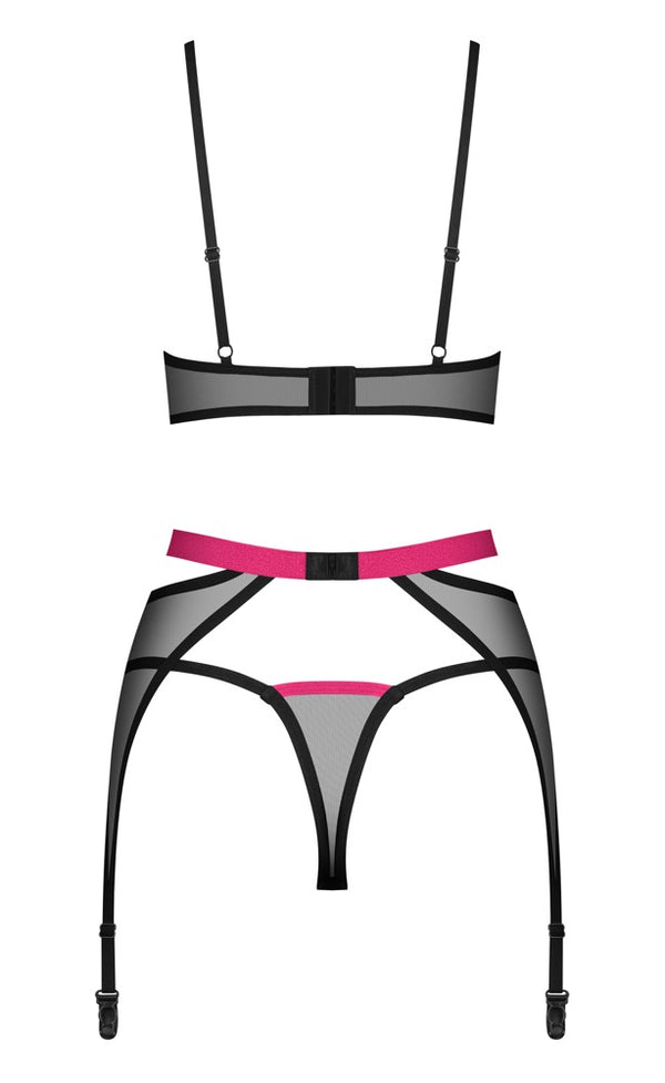 Schwarzes 3-teiliges Straps-Set Novenes mit Soft-BH, Strapsgürtel und V-String von Obsessive – Ansicht 4