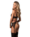 Schwarzes 3-teiliges Straps-Set Novenes mit Soft-BH, Strapsgürtel und V-String von Obsessive – Ansicht 2
